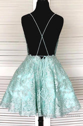 A-Line Spaghetti Straps Backless Mint Green Lace Short Semi Formal Prom Dresses, Backless Mint Green Lace Formal Graduation Homecoming Dresses